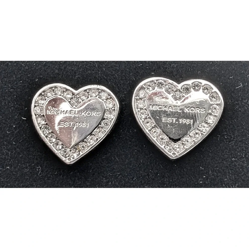 Michael Kors Silver Tone Crystal Heart Stud Earrings MK EST 1981 Logo